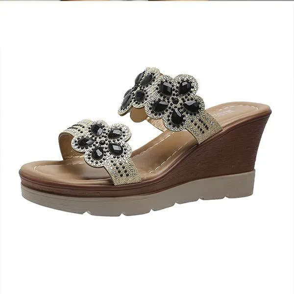 Women's Casual Flower Rhinestone Wedge Slippers 82990380S