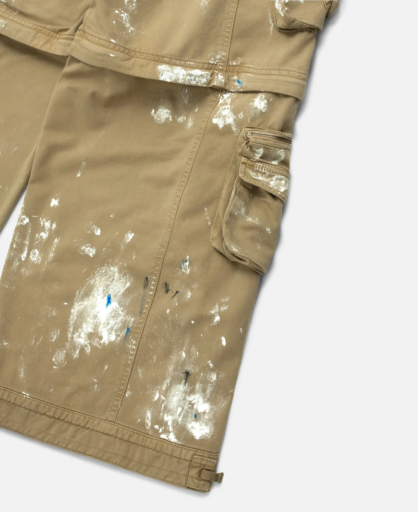 Zip-Off Paint Splatter Cargo Jeans (Beige)